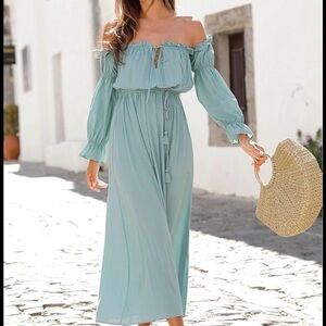 Chic Off-Shoulder Teal Maxi Dress